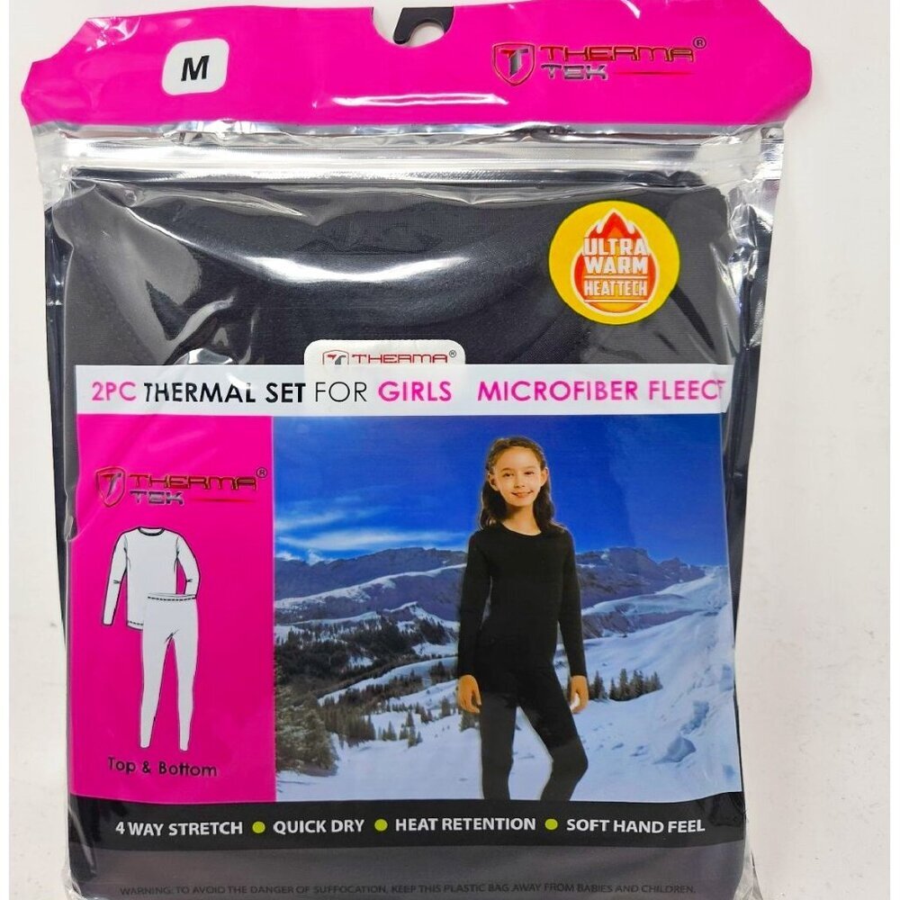 Girls Microfiber Fleece Thermal Long Johns 2-pc Set, Black